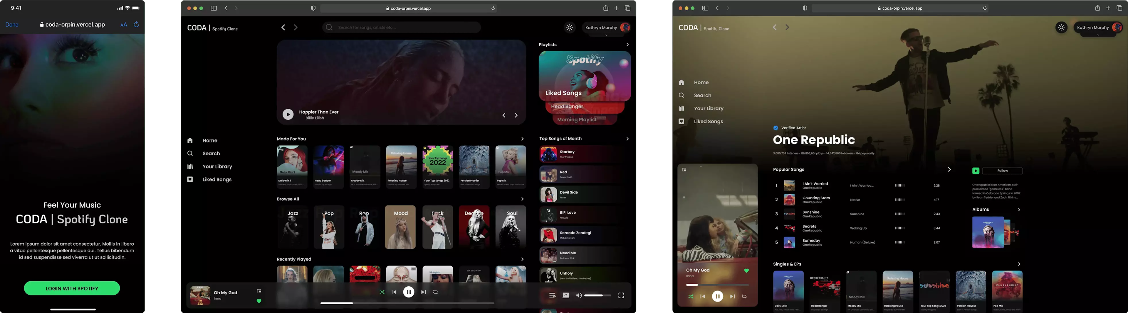 Coda | Spotify Clone project screenshots