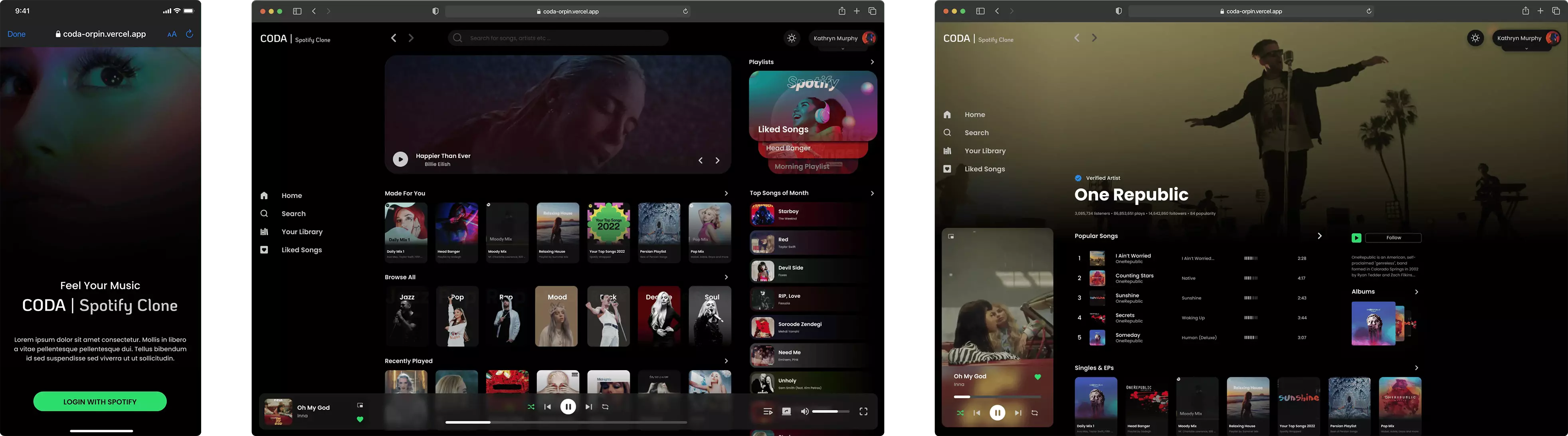 Coda | Spotify Clone project screenshots
